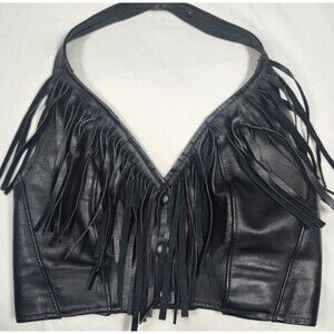 VTG Park V Genuine Leather Fringe Halter Top XS Black Biker Western Festival